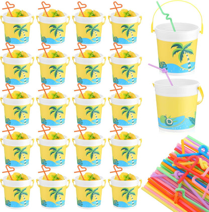 20 Pcs 32 oz Plastic Cocktail Rum Buckets with Handles for Drinks with 100 Colorful Straws Reusable Portable Drink Buckets for Beach Summer Bar Parties