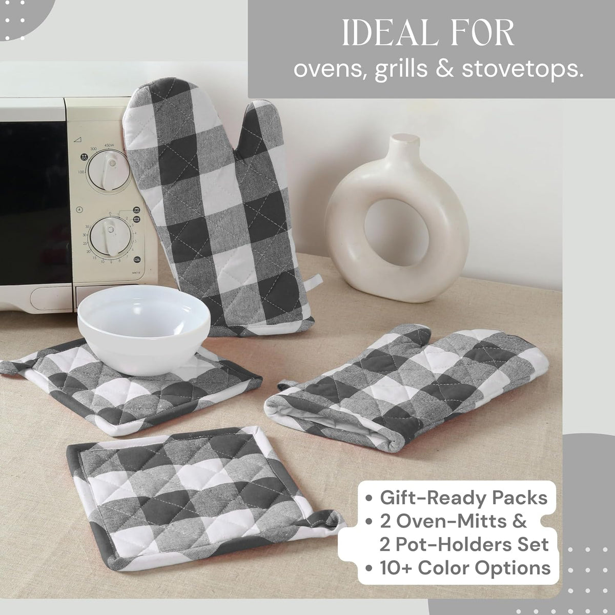 Oven Mitt (7"x13") & Pot Holder (8"x8") 100% Cotton Set of Heat Resistant Oven Gloves & Hot Pads for Gifts, BBQ, Cooking, Baking, Thanksgiving - Mustard Yellow