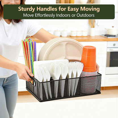 Metal Silverware Caddy for Countertop – 7 Compartment Paper Plate and Utensil Organizer with Side Handles – Cutlery Holder for Party, Buffet, Picnic, or Kitchen Table