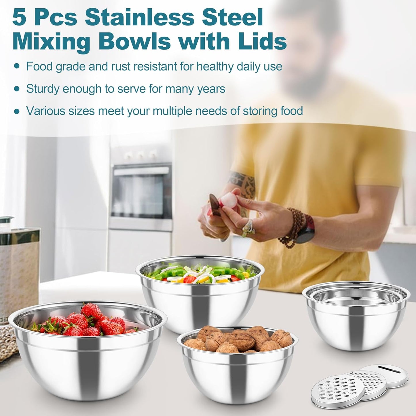 TeamFar Mixing Bowls, Stainless Steel Salad Serving Bowl with Clear Lids & 3 Graters, For Kitchen Cooking Prepping Storing, Size 4.6/2.6/1.5/1/0.7 QT, Nesting & Airtight, Set of 5 & Khaki