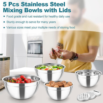 TeamFar Mixing Bowls, Stainless Steel Salad Serving Bowl with Clear Lids & 3 Graters, For Kitchen Cooking Prepping Storing, Size 4.6/2.6/1.5/1/0.7 QT, Nesting & Airtight, Set of 5 & Khaki