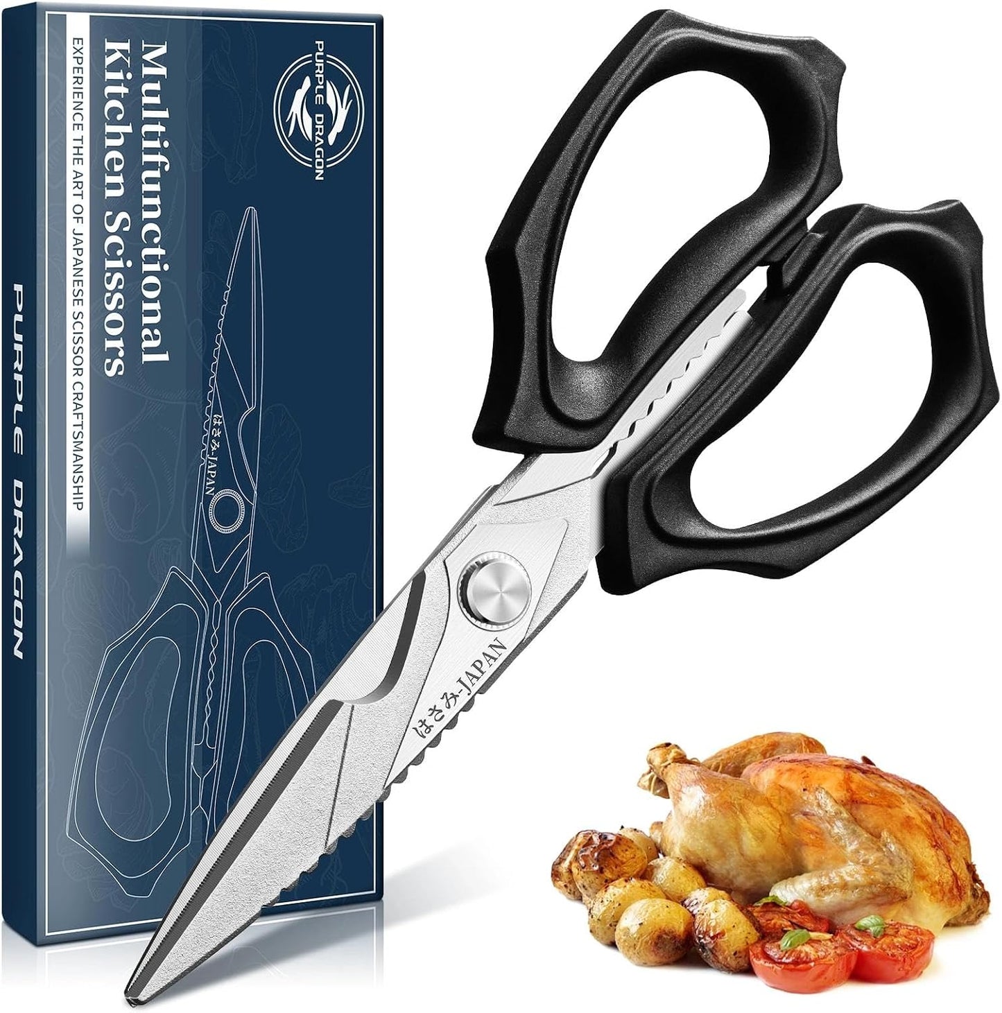 Purple Dragon Kitchen Scissors for Food - Stainless Steel Cooking Scissors All Purpose - Kitchen Shear Heavy Duty for Meat Cutting - Dishwasher Safe - Gifts for Men and Women - Silver Sharp Blade