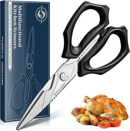 Purple Dragon Kitchen Scissors for Food - Stainless Steel Cooking Scissors All Purpose - Kitchen Shear Heavy Duty for Meat Cutting - Dishwasher Safe - Gifts for Men and Women - Silver Sharp Blade