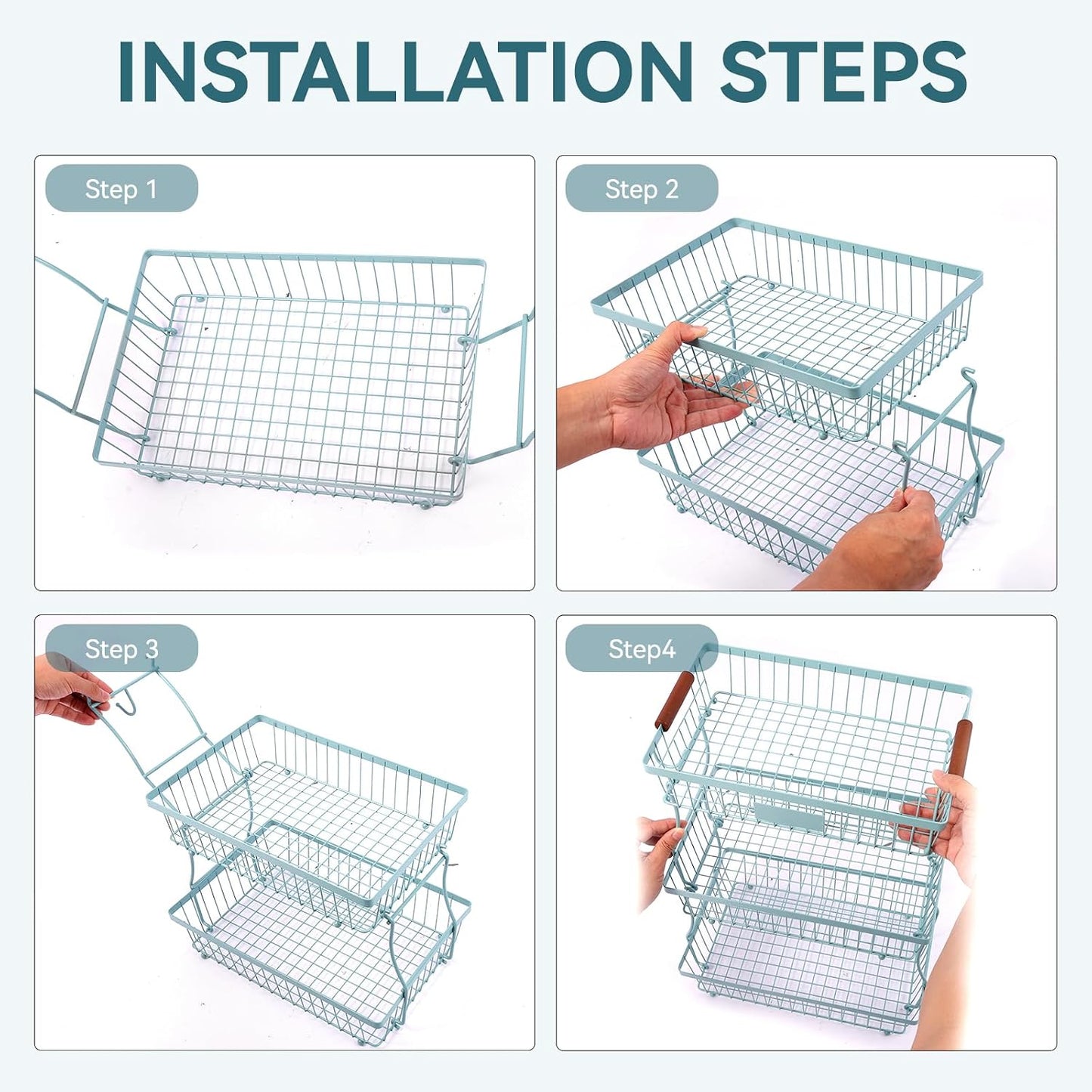 2-Tier Stackable Wire Basket with 2 Banana Hooks, Pantry Organizer for Kitchen Countertops, Cabinets & Under-Sink Spaces; Ideal for Storing Snacks, Fruits, Veggies, Onions, Potatoes, & More,Black