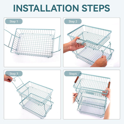 2-Tier Stackable Wire Basket with 2 Banana Hooks, Pantry Organizer for Kitchen Countertops, Cabinets & Under-Sink Spaces; Ideal for Storing Snacks, Fruits, Veggies, Onions, Potatoes, & More,Black