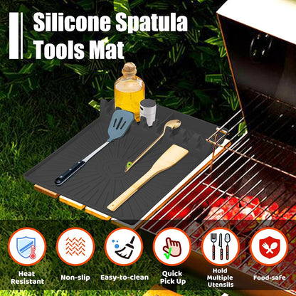 Large Silicone Grill Mat with Drip Pad, Heat Resistant Spatula Holder for Blackstone Side Shelf & Outdoor Kitchen Countertop, Reusable Griddle Accessories for BBQ Enthusiasts and Home Cooks