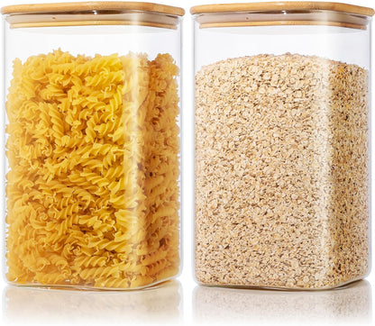 Large Glass Storage Containers 168oz, 2 Pack Pantry Jars with Bamboo Lids | Square Borosilicate Glass Jar with Airtight Lid Keep Flour, Sugar & Rice Fresh, Fits 5lb Bag, BPA-Free for Pantry Organizer