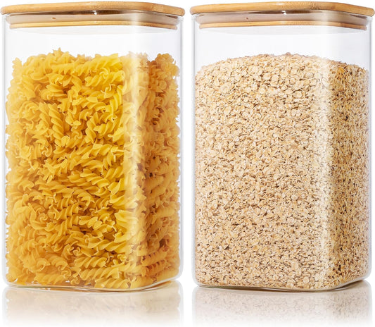 Large Glass Storage Containers 168oz, 2 Pack Pantry Jars with Bamboo Lids | Square Borosilicate Glass Jar with Airtight Lid Keep Flour, Sugar & Rice Fresh, Fits 5lb Bag, BPA-Free for Pantry Organizer