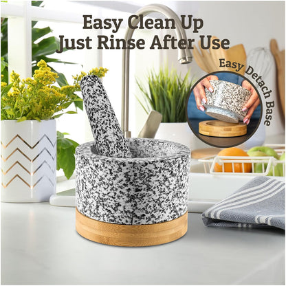 PriorityChef Heavy Duty Mortar and Pestle Set with Bamboo Base, 100% Natural Granite Stone Grinder, Guacamole Bowl and Masher, 1.5 Cups, Black