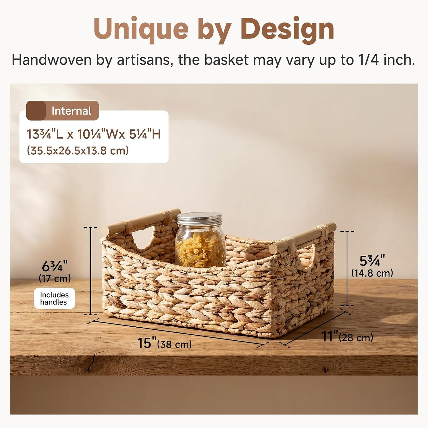 StorageWorks Wicker Baskets for Organizing, Water Hyacinth Storage Baskets with Handles, Woven Baskets for Pantry Storage, 13" x 8¼" x 7", 2-Pack