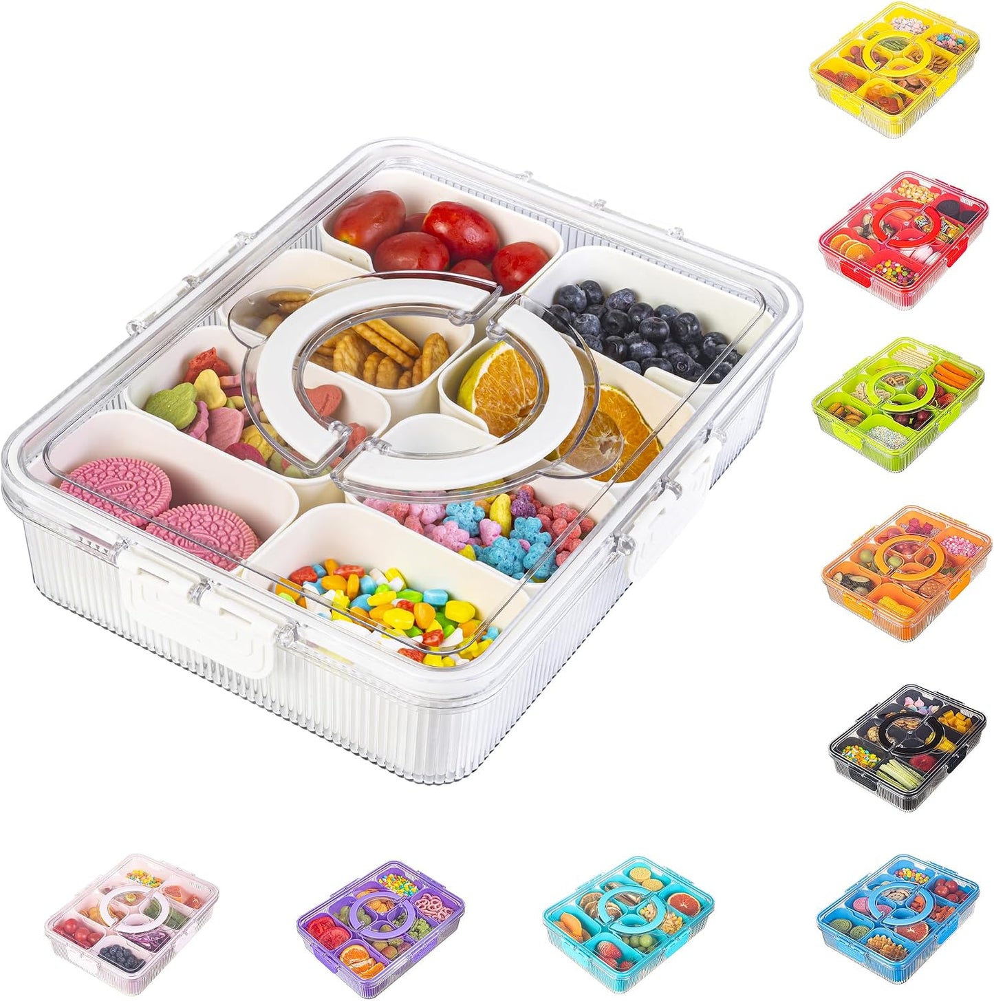 Patent Divided Serving Tray with Lid & Handle - Snackle Box Organizer for Charcuterie, Sandwiches, Veggies, Fruits, Candy - Portable Food Storage for Travel, Beach, Picnics（1 pcs, Orange）