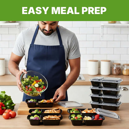 Uni-Pak 50 Pack (100-Piece) Meal Prep Containers with Lids, Reusable 3-Compartment 24 oz BPA-Free Food Storage, Sturdy Leakproof & Food Safe, Microwave Freezer Dishwasher Safe