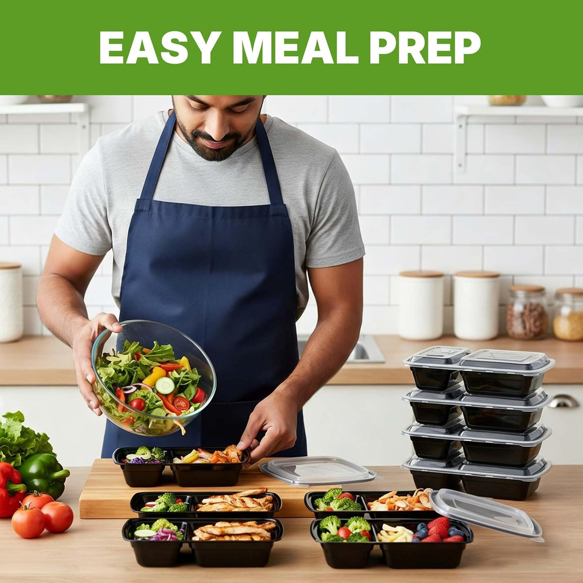 50 Pack (100-Piece) Meal Prep Containers with Lids, Reusable 2-Compartment Food Storage, Sturdy Leakproof, Food Safe, Microwave Freezer Dishwasher Safe, To-Go Takeout Plastic Containers – 60828