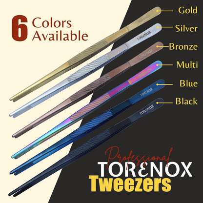 Kitchen Tweezers 10 Inch Straight and 8 Inch Offset - Culinary Precision Tongs Professional Kitchen Long Tweezers Set of 2 pieces - BBQ, Plating, Multi-use