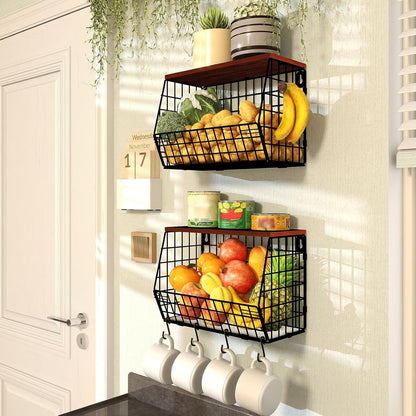 Mefirt Fruit Basket, 2-Tier Fruit Bowl for Kitchen Counter, Stackable Wall Mounted Fruit Storage, Snack Organizer, Potato and Onion Storage Basket, Hanging Pantry Storage with Wood Lid, 2 Set, White