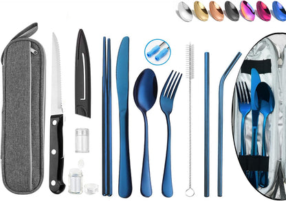 Portable Reusable Travel Utensils Silverware With Case, Camping Cutlery Set, Chopsticks and Straw, Flatware With Case, Stainless Steel Top (Silver)