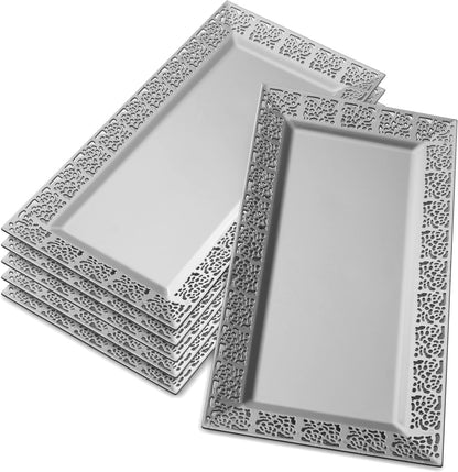 Rectangle White Serving Tray (2-Pack) - 17.5" Disposable Serving Platter for Appetizer, Fruits & Serving Dishes | Perfect Plastic Tray For Party Serveware