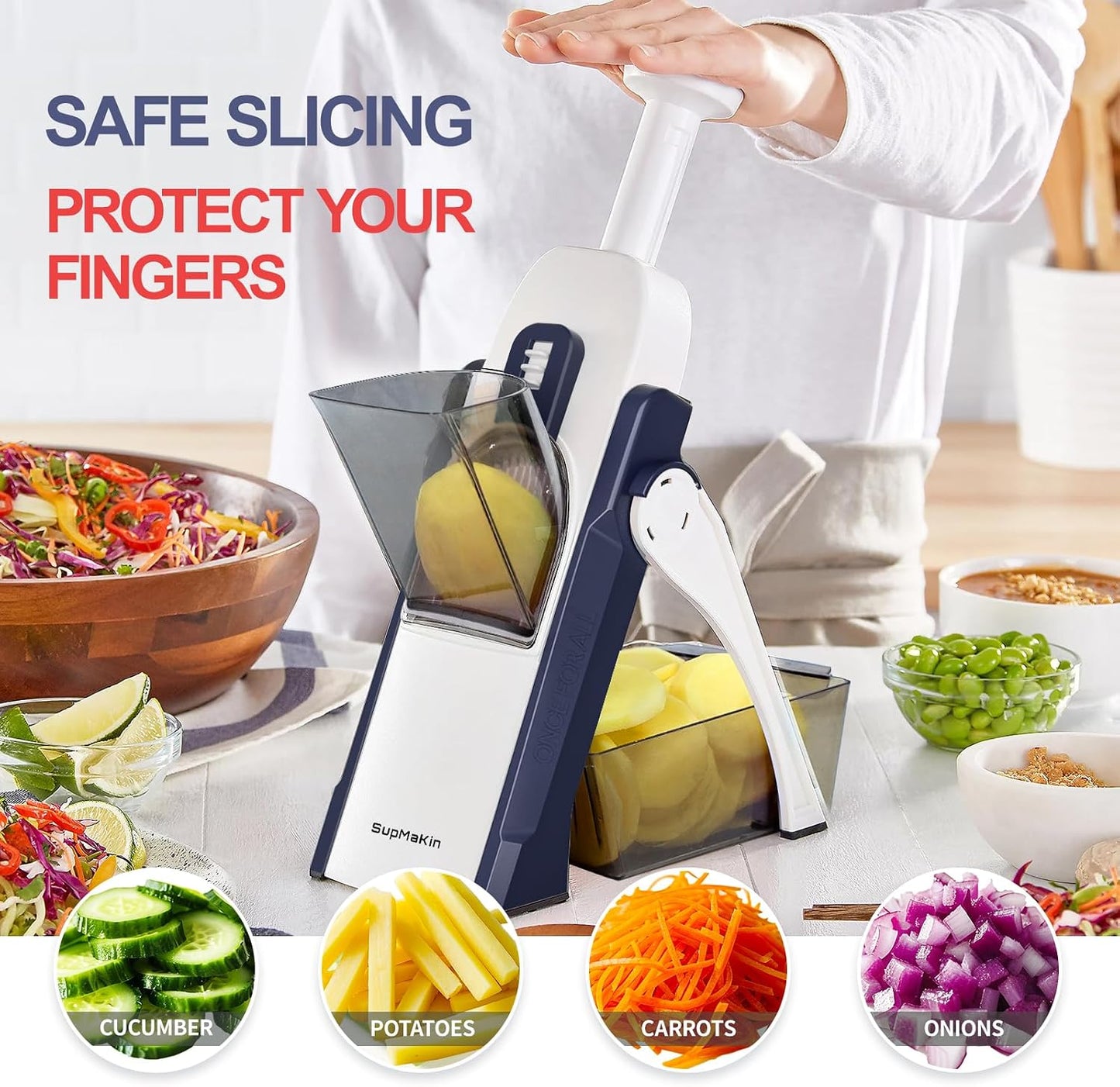 SUPMAKIN Safe Mandoline Slicer, Adjustable Vegetable Food Slicer and Chopper, Potato Fries Fry Cutter, Veggie Salad Chopper, New Kitchen Chopping Artifact Gifts 2026 (SliverGray)