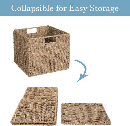 12x12x10in Water Hyacinth Storage Basket Large, Folding Cube Woven Wicker Storage Basket for Shelves, Pantry Baskets Organization and Storage, Kitchen Storage Baskets, Large Rattan Basket Set of 3