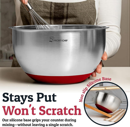 Priority Chef Stainless Steel Mixing Bowls with Lids Set, Metal Nesting Bowls with Airtight Lids, Graters, Non-Slip Base & Measurement Marks, Includes Utensil Set for Prep, Baking & Storage, Black
