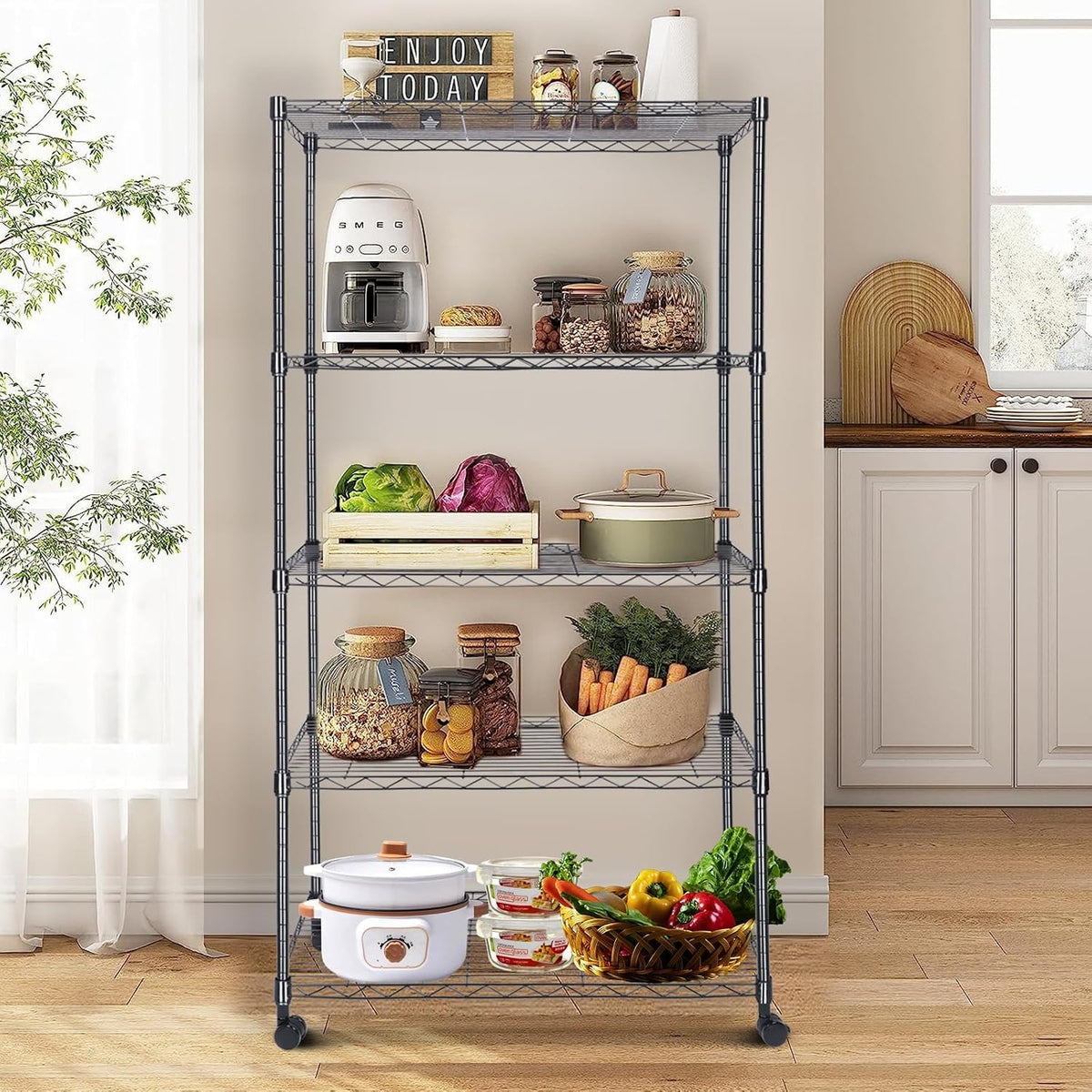 Whitmor 2-Wire Shelving Unit, Metal Storage Shelves, Stacking Shelf with Basket, Easy Assembly Home Organizer for Pantry, Kitchen, Garage, Plant