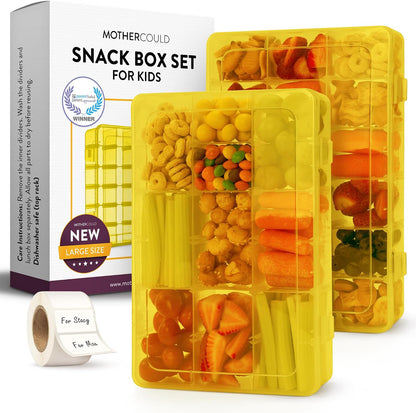 Large Kids Snack Box Containers Set of 2 -100 Labels, BPA-Free, Adjustable Compartments, Dishwasher Safe, Reusable Tray, Food Grade, Meal Prep Container, PARENT TESTED PARENT APPROVED AWARD (Clear)