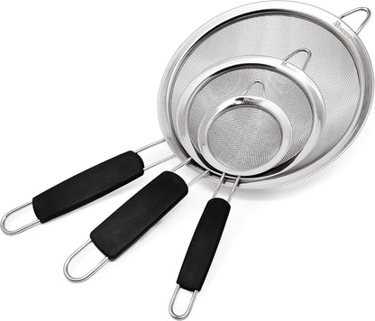 Fine Mesh Strainer Set of 3, Stainless Steel with Insulated Handle Sieves