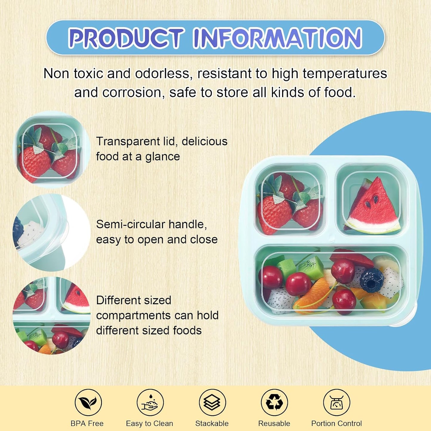 Honeydak 5 Pack Snack Containers 3 Compartment Bento Snack Boxes Divided Meal Prep Containers with Lids Reusable Adults Lunch Food Storage Box for School Work Travel(Elderberry)