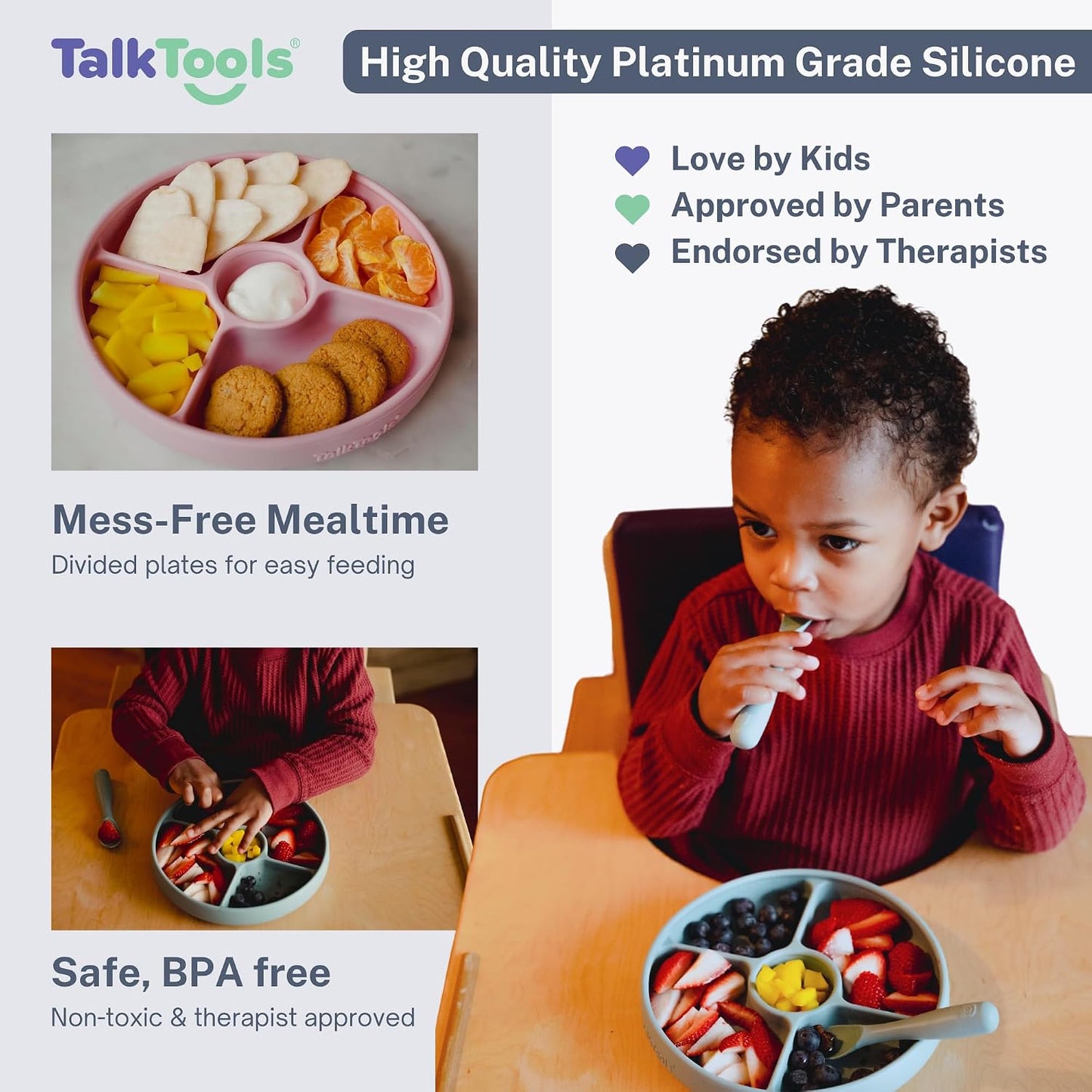 TalkTools Bitsy Silicone Baby Suction Plate with Locking Lid – Divided Plate for Toddlers Learning to Self-Feed – Non-Slip, BPA-Free, Microwave + Dishwasher Safe Baby Mealtime Plate(Pink).