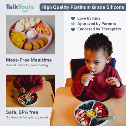 TalkTools Bitsy Silicone Baby Suction Plate with Locking Lid – Divided Plate for Toddlers Learning to Self-Feed – Non-Slip, BPA-Free, Microwave + Dishwasher Safe Baby Mealtime Plate(Pink).