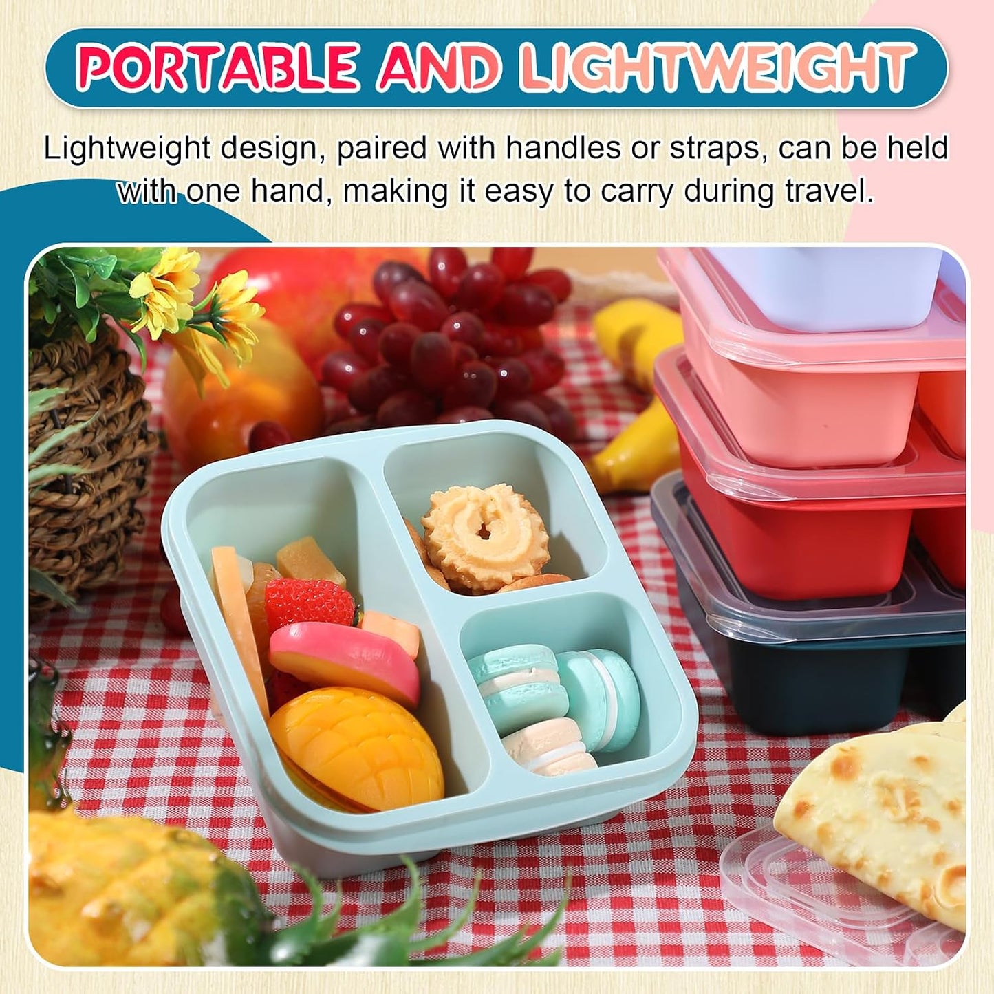 Honeydak 5 Pack Snack Containers 3 Compartment Bento Snack Boxes Divided Meal Prep Containers with Lids Reusable Adults Lunch Food Storage Box for School Work Travel(Elderberry)
