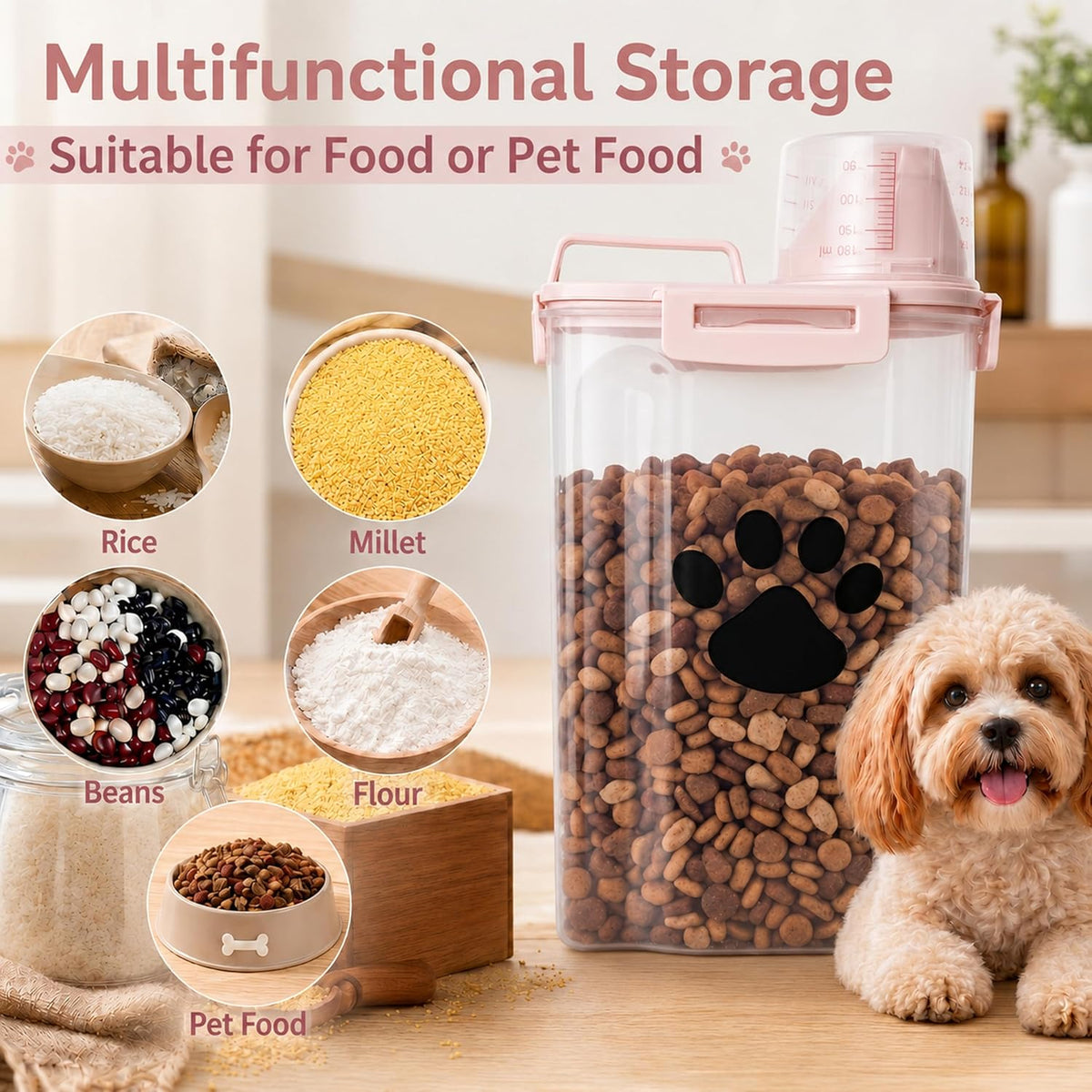 Dog Storage Container with cleaning brush,Measuring Cup,Portable Pet Food Containers with Upgraded Large Spout and Cup for Dogs,Cats,Birds,Small Animals(White)
