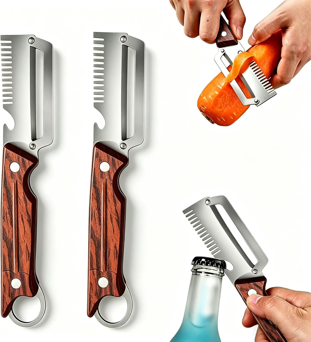 3 in 1 Multifunctional Vegetable Peeler, Heavy Duty Stainless Steel Peeler with Ergonomic Handle, Built-in Bottle Opener, Julienne Peeler & Hanging Hook, Smooth Peeling for Vegetables, Fruits (2 Pack)