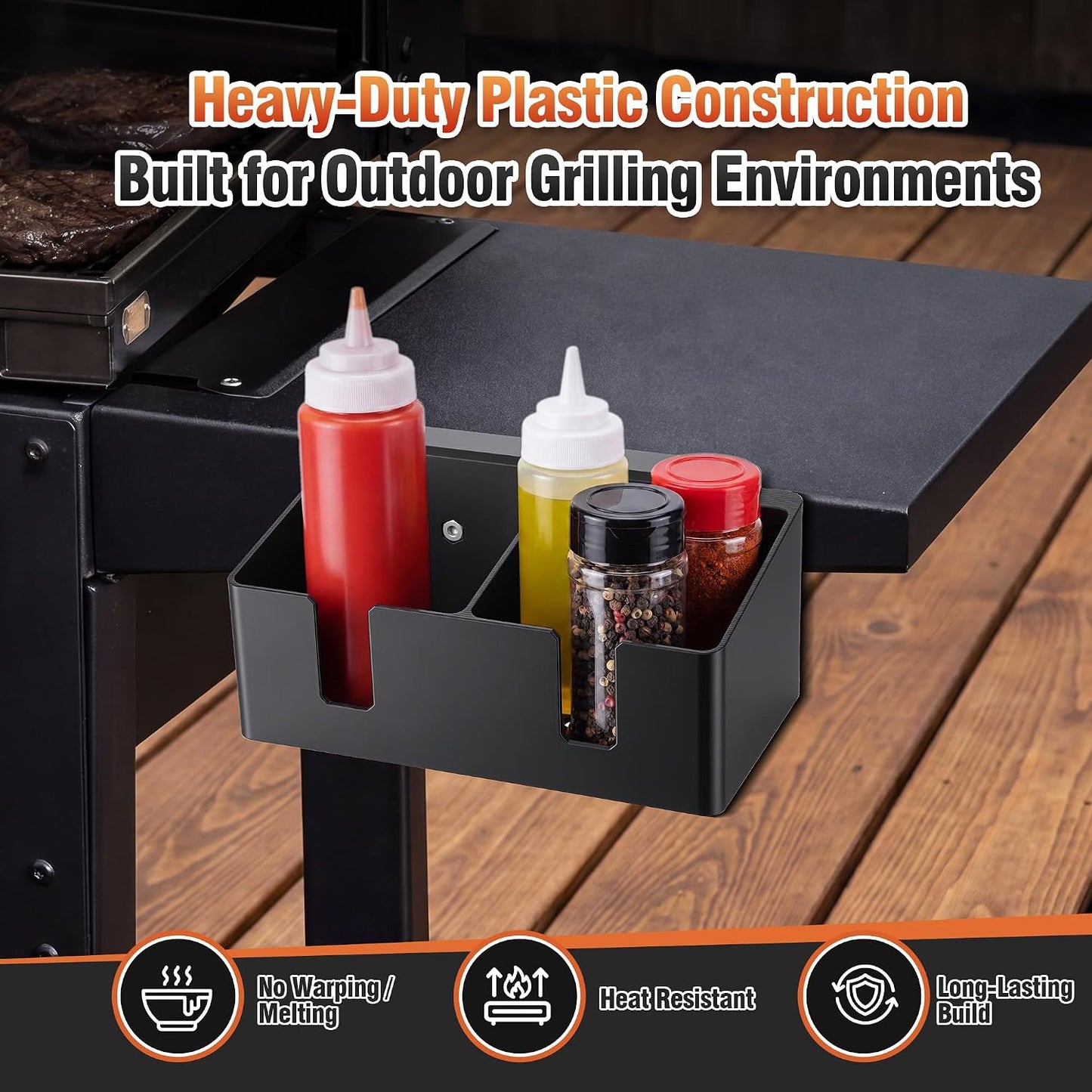 Hohean Barbecue Tool Set Magnetic Bottle Holder, Compatible with Blackstone Griddle, Elevated Magnet Base, No Melting, Heat Resistant Dual Slot Squeeze Bottle & Beverage Holder for BBQ Accessories