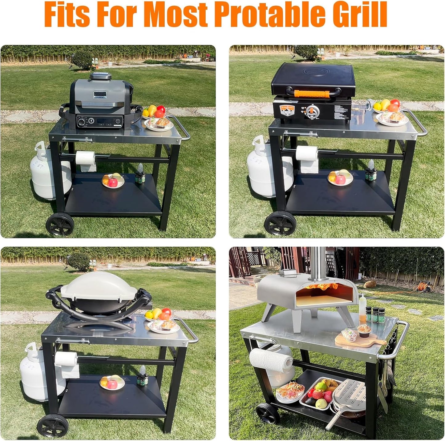 Outdoor Pizza Oven Table for Ninja Woodfire, Blackstone Tabletop Grill, Portable Grill Cart & Food Prep Work Table, Movable Pizza Oven Cart for Backyard BBQ and Patio Parties
