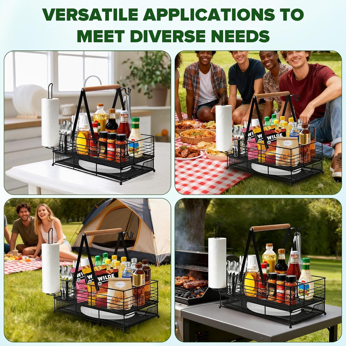 Grill Caddy, BBQ Caddy with Paper Towel Holder, Blackstone Griddle Organizer, Plate and Utensil Holder Organizer for Outdoor Grill, Picnic, Camping, Condiment Storage for Kitchen Counter