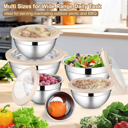 LIANYU Stainless Steel Mixing Bowls Sets of 6, Large 7, 3.5, 2.5, 2, 1.5, 1QT Size with Transparent Airtight Lids, Metal Nesting Serving Bowl Sets for Home Kitchen, Dishwasher & Freezer Safe, Black