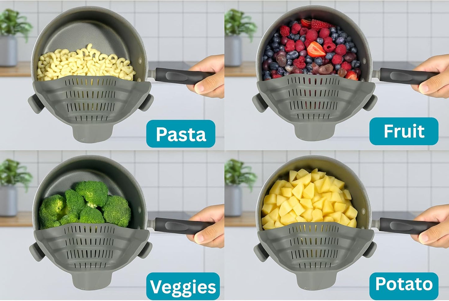 Clip On Strainer Silicone for Pots and Pans, Universal Fit Pasta Strainer and Pot Colander, Space Saving Food Drainer with Collapsible Funnel and Garlic Peeler, 3 Pcs Set, Gray