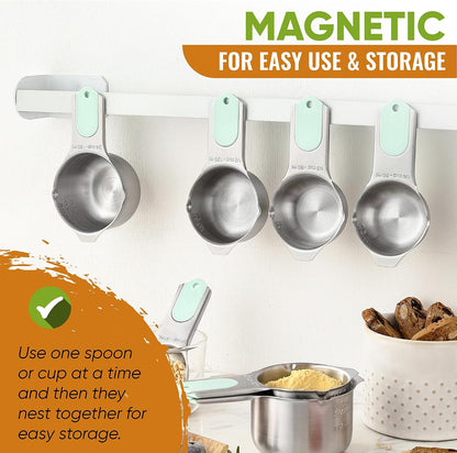 Spring Chef Magnetic Measuring Cups & Spoons Set, Patented, Strong N45 Magnets, Heavy Duty Stainless Steel Fits in Spice Jars for Baking & Cooking, BPA Free, Round Set of 15 with Leveler, Black