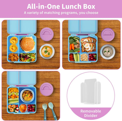 Bento Box for Kids with Thermo Food Container (9oz), 4-Compartment Lunch Box, Adjustable Divider, Leakproof Bento Lunch Box, Includes Utensils & Carry Bag for School, Office(Blue)