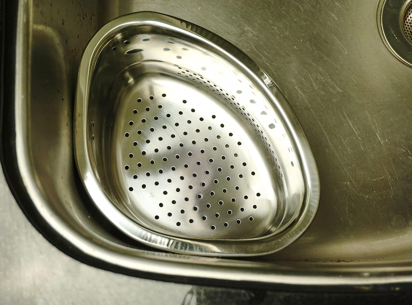RSVP International Endurance® In-Sink Mesh Colander Strainer Basket, 3 Quart | Organize Sponges, Collect Food Scraps | Dishwasher Safe | Small Corner Basket | Steaming, Draining & Rinsing