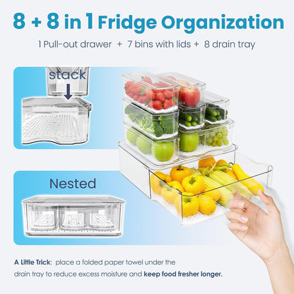 SMRCAD 8 Pack Refrigerator Organizers, Clear Pull-out Drawer Container and Organizer Bins with Lids, Stackable Storage Containers for Fruits, Vegetable (Set of 8 (Include Pull Out Drawer))