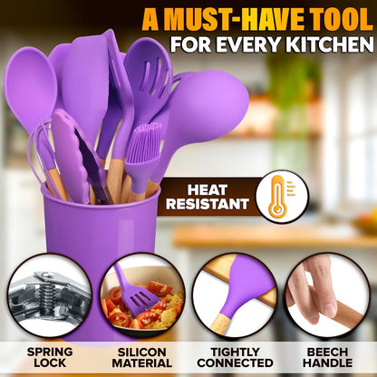 14 PCs Black Silicone Cooking Utensils Set with Holder - Versatile Kitchen Utensils with Sturdy Wooden Handles - Heat Resistance Silicone Kitchen Utensil Set with Holder for All Cooking & Baking Needs