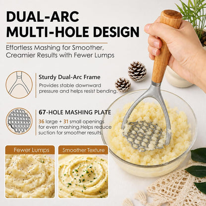 Potato Masher, Aluminum Alloy Food Smasher with Wooden Handle,Potato Press