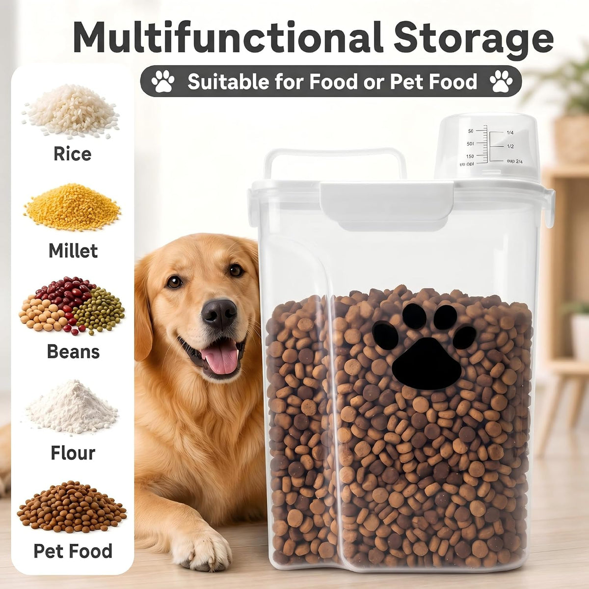 Dog Storage Container with cleaning brush,Measuring Cup,Portable Pet Food Containers with Upgraded Large Spout and Cup for Dogs,Cats,Birds,Small Animals(White)