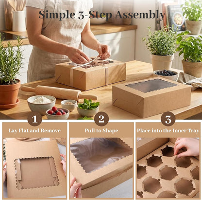 VGOODALL 12 Count Cupcake Boxes, 6PCS Cupcake Container with Window Boxes Holding 72 Pastry Box for Birthday Holiday Party Bakery Supplies 13.2"x9.8"x4"