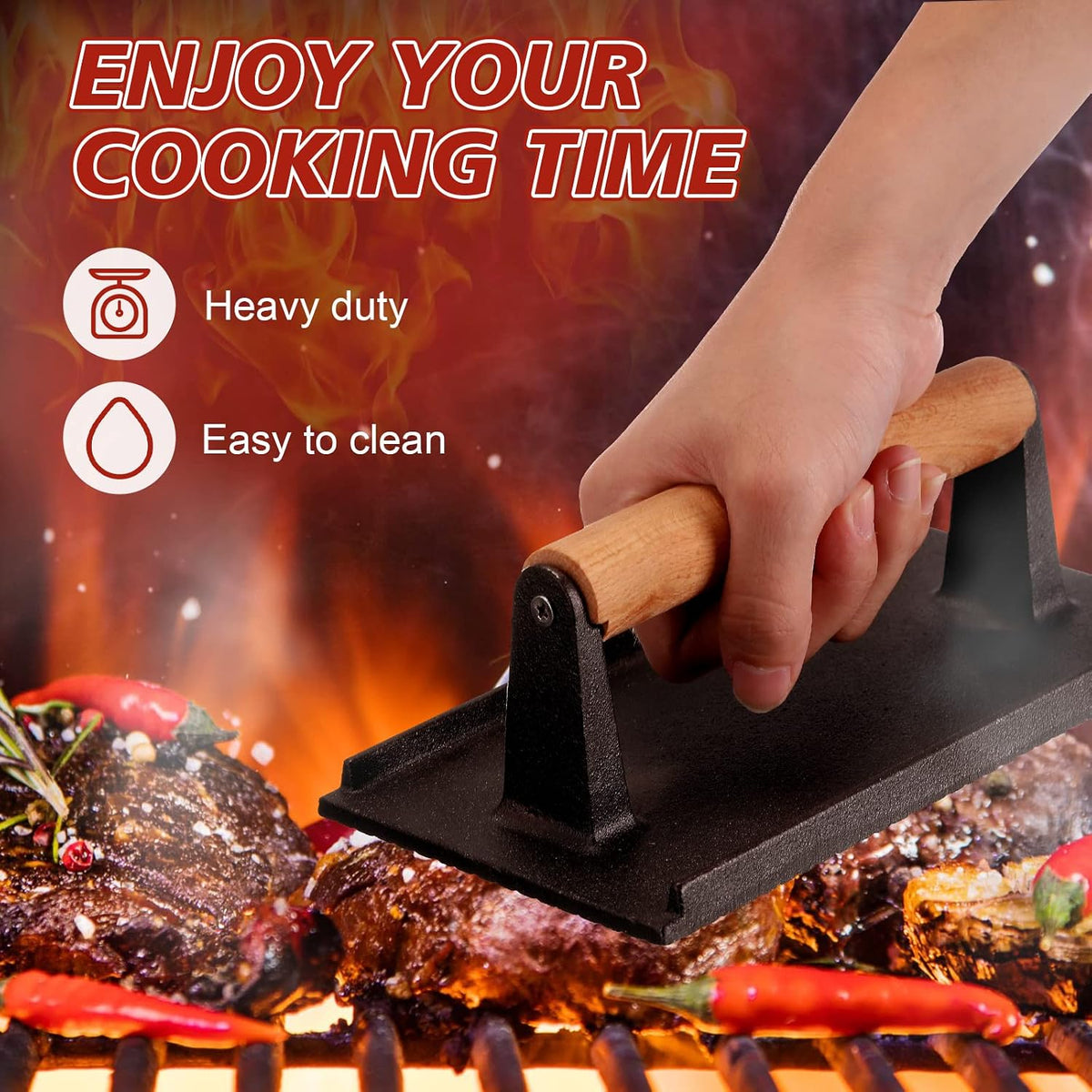 3 Pcs Cast Iron Grill Press 8 x 4 Inch Griddle Hamburger Press