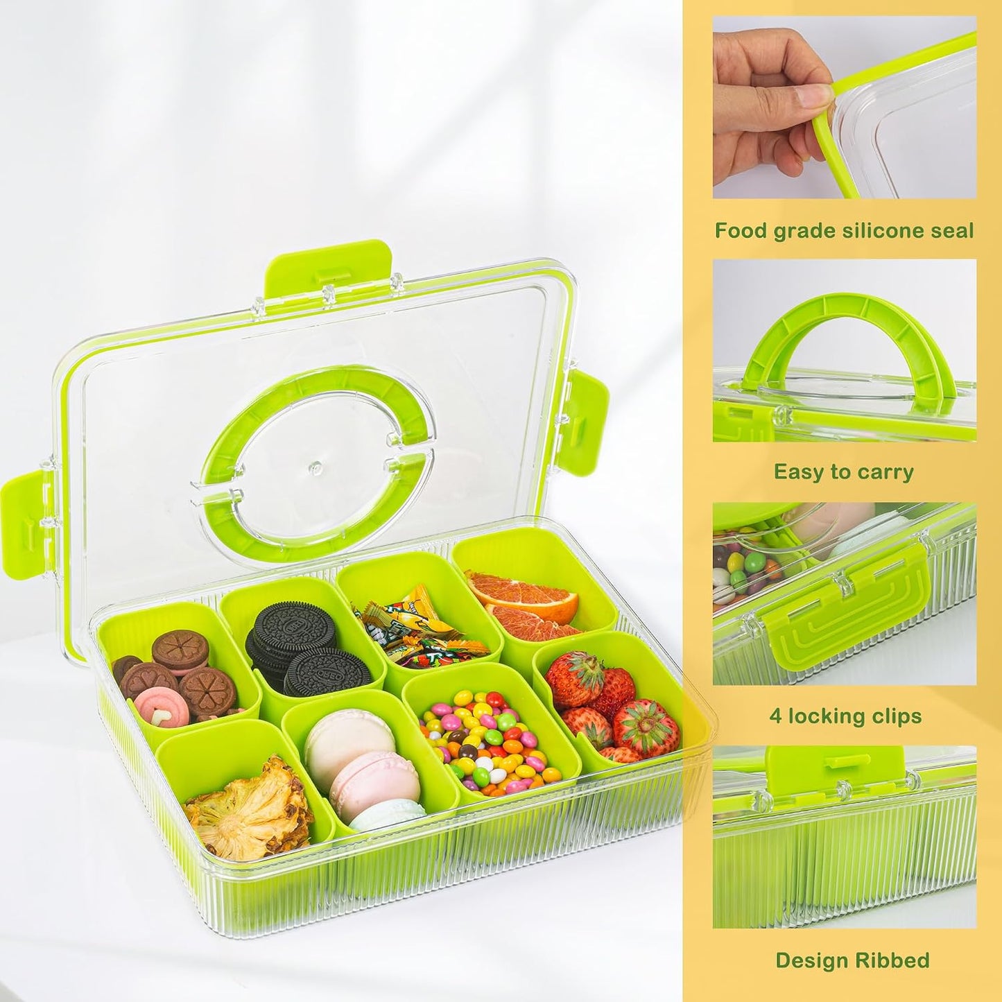 Patent Divided Serving Tray with Lid & Handle - Snackle Box Organizer for Charcuterie, Sandwiches, Veggies, Fruits, Candy - Portable Food Storage for Travel, Beach, Picnics（1 pcs, Orange）