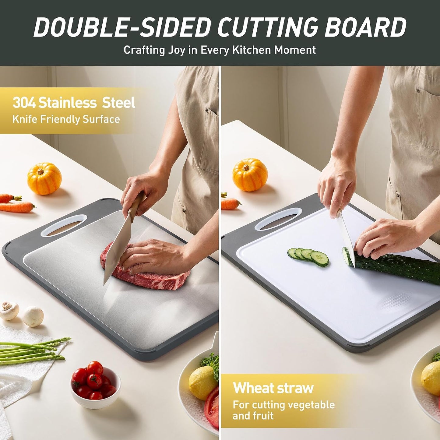 2 Packs Stainless Steel Cutting Board Set, Best Non Toxic Cutting Boards for Kitchen, Double Sided Metal Chopping Board for Meat/Fruit/Vegetables, Food Grade Kitchen Set Gift, [16”×11”+18”×12” Inch]
