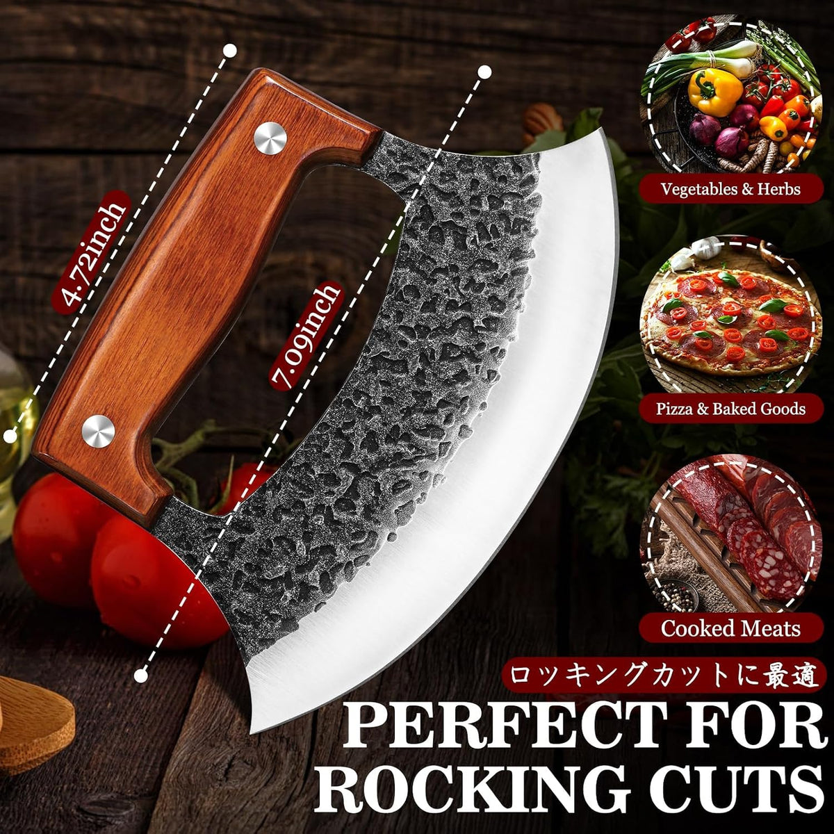TIVOLI Ulu Knife with Wooden Stand – Mezzaluna Rocker Knife - Pizza Cutter